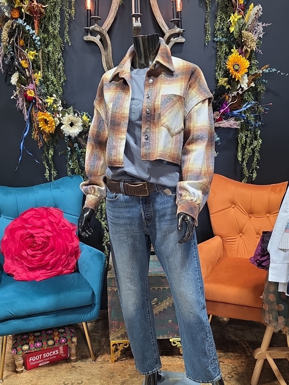 SHEIN Cropped Plaid Button-Down Shirt Jacket in Tan, Cream